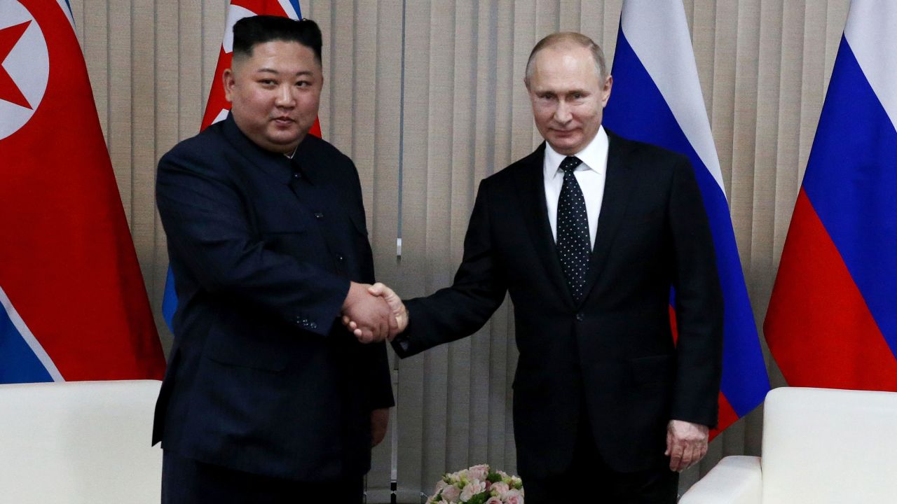 Russian President Vladimir Putin greets North Korean Leader Kim Jong Un during their meeting on April 25, 2019 in Vladivostok, Russia.