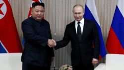 Russian President Vladimir Putin (R) greets North Korean Leader Kim Jong-un during their meeting on April 25, 2019 in Vladivostok, Russia. Russian President Putin and North Korean leader Kim Jong-un met on the Pacific port city of Vladivostok on Thursday during their first ever summit. Reports have indicated that Pyongyang's nuclear programme will be at the top of the list of issues to discuss as the meeting between both leaders came soon after a failed summit between Kim and U.S. President Donald Trump in Hanoi, which ended without an agreement made.(Photo by Mikhail Svetlov/Getty Images)