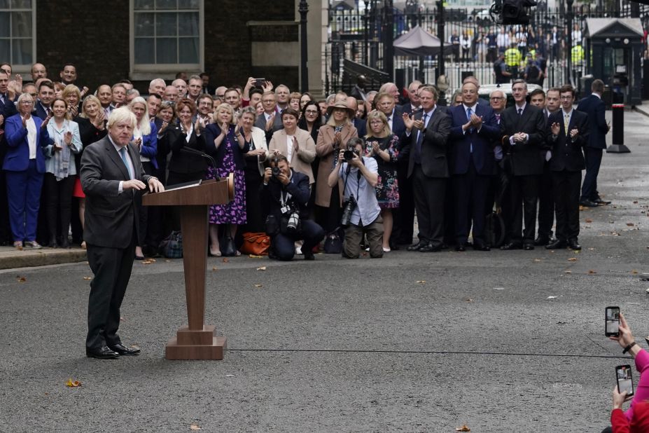 Johnson speaks outside No. 10 Downing Street on September 6. It was his last day as prime minister.