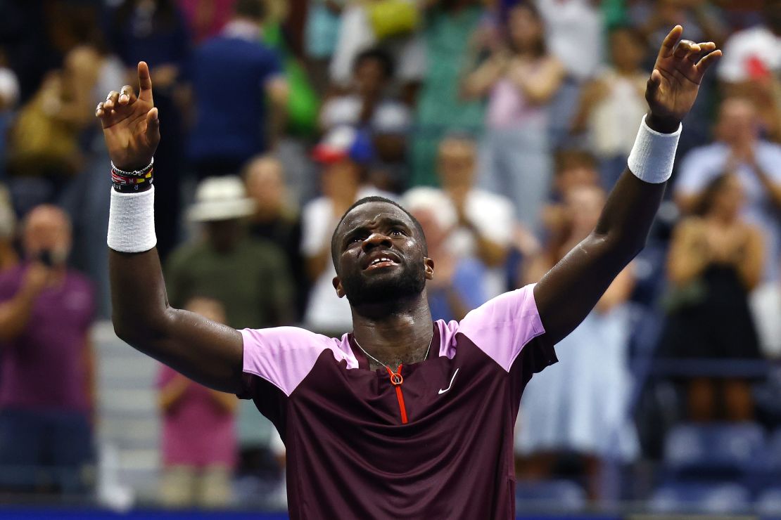 NEW YORK, NEW YORK - SEPTEMBER 05: Frances Tiafoe of the United States celebrates after defeating Rafael Nadal of Spain during their Men's Singles Fourth Round match on Day Eight of the 2022 US Open at USTA Billie Jean King National Tennis Center on September 05, 2022 in the Flushing neighborhood of the Queens borough of New York City. (Photo by Mike Stobe/Getty Images)