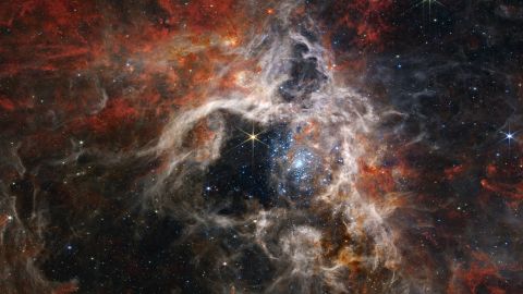 In this mosaic image stretching 340 light-years across, Webb's Near-Infrared Camera (NIRCam) displays the Tarantula Nebula star-forming region in a new light.