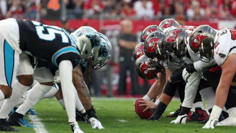 The line of scrimmage for the Tampa Bay Buccaneers against the Carolina Panthers during the first half at Raymond James Stadium on January 9.