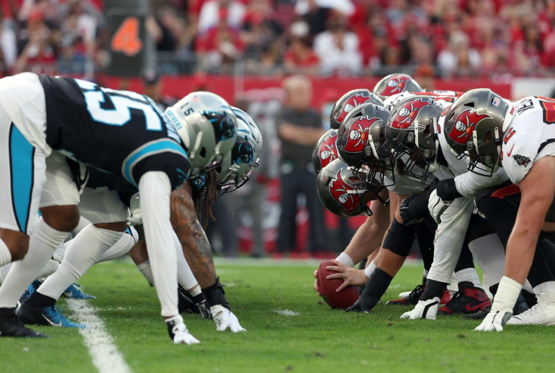 The line of scrimmage of the Tampa Bay Buccaneers against the Carolina Panthers during the first half at Raymond James Stadium on January 9.