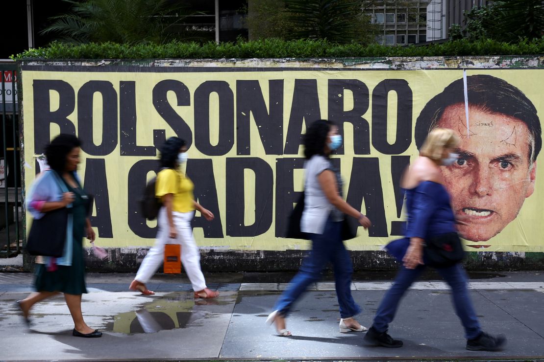 A poster of the Brazilian president's face with the phrase "Bolsonaro in jail" on Paulista Avenue in Sao Paulo.