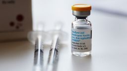 WEST HOLLYWOOD, CALIFORNIA - AUGUST 03: A vial of the Jynneos monkeypox vaccine sits on a table at a pop-up vaccination clinic which opened today by the Los Angeles County Department of Public Health at the West Hollywood Library on August 3, 2022 in West Hollywood, California. California Governor Gavin Newsom declared a state of emergency on August 1st over the monkeypox outbreak which continues to grow globally. (Photo by Mario Tama/Getty Images)
