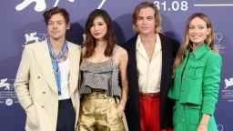 VENICE, ITALY - SEPTEMBER 05: (L-R) Harry Styles, Gemma Chan, Chris Pine and director Olivia Wilde attend the photocall for "Don't Worry Darling" at the 79th Venice International Film Festival on September 05, 2022 in Venice, Italy. (Photo by Daniele Venturelli/WireImage)