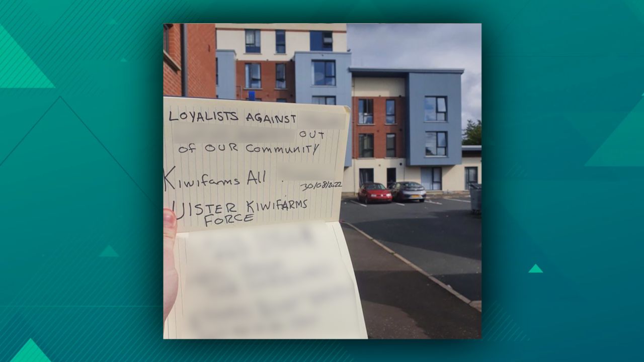 Online trolls tracked Sorrenti to Belfast. One took this photo full of slurs in front of the building where she's staying.