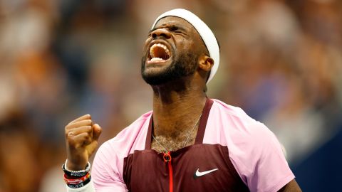 Frances Tiafoe celebrates a point against Rafael Nadal at the 2022 US Open. 
