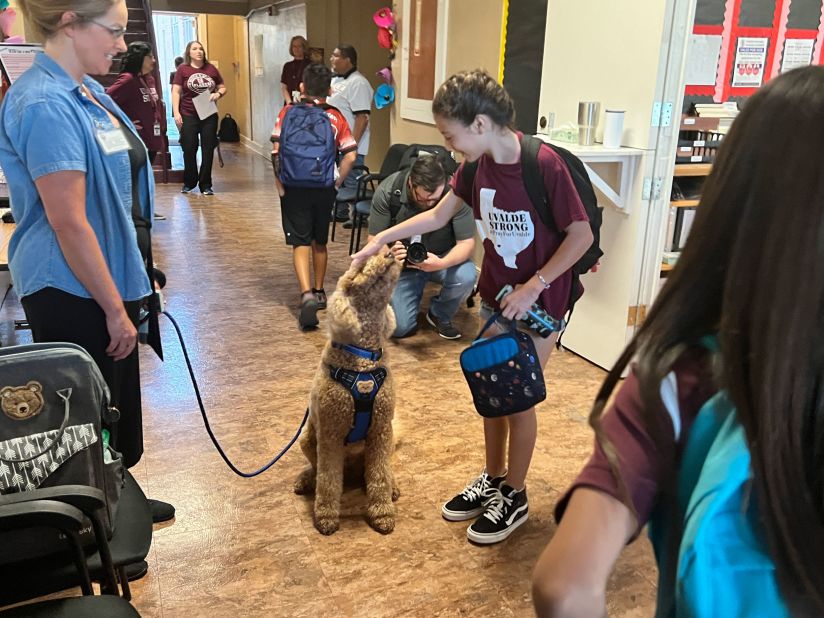 A student interacts with a comfort dog. Ten teams of comfort dogs from 11 states and their handlers will be on eight campuses in the district over the next three weeks.