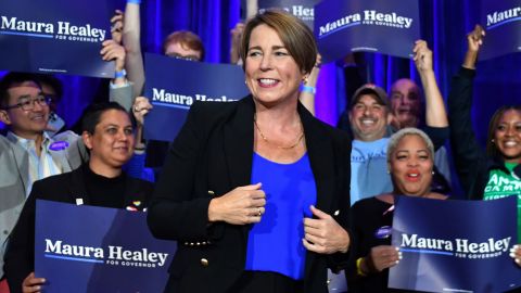 Massachusetts Attorney General Maura Healey addresses the audience at a watch party on Tuesday in Boston.