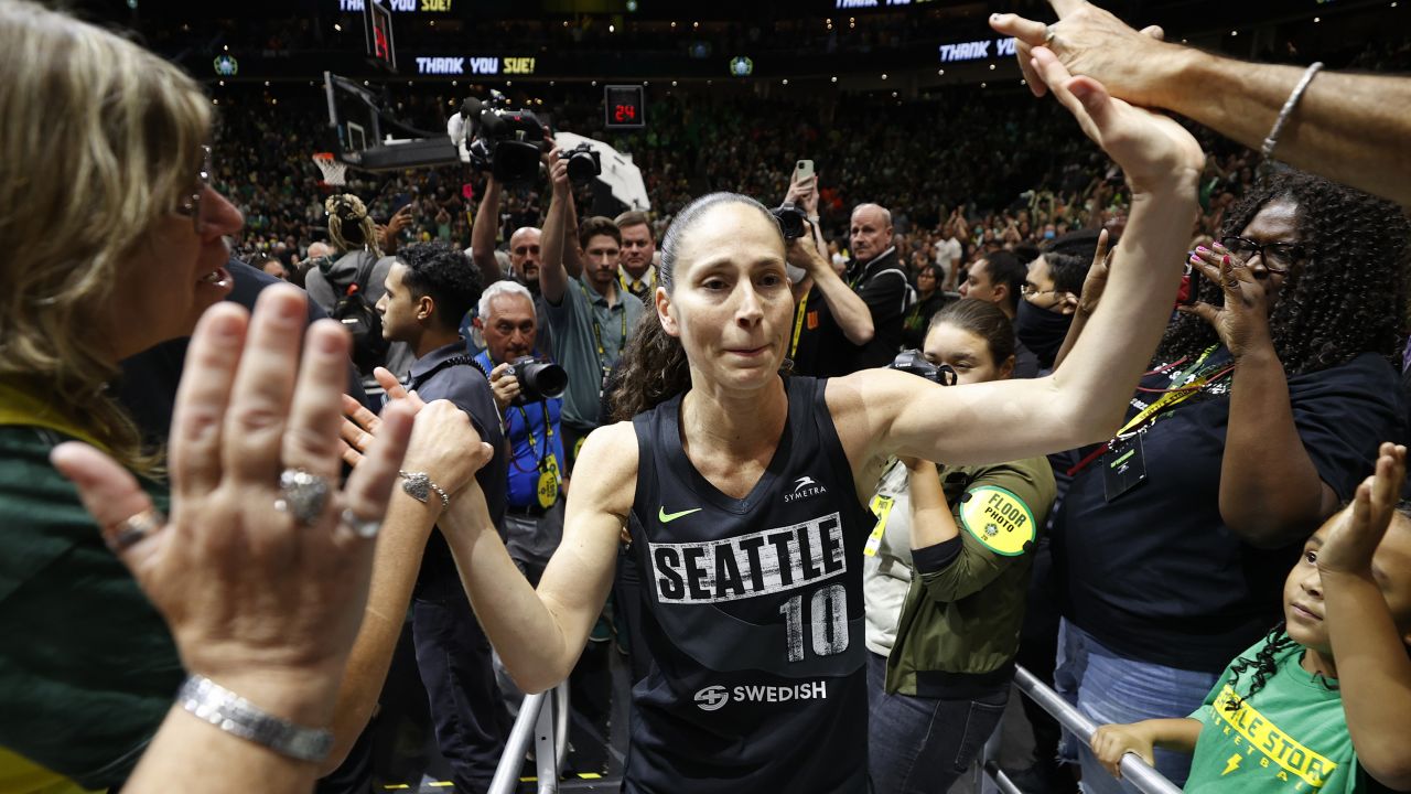 Sue Bird reacts after her final game on Tuesday night in Seattle.