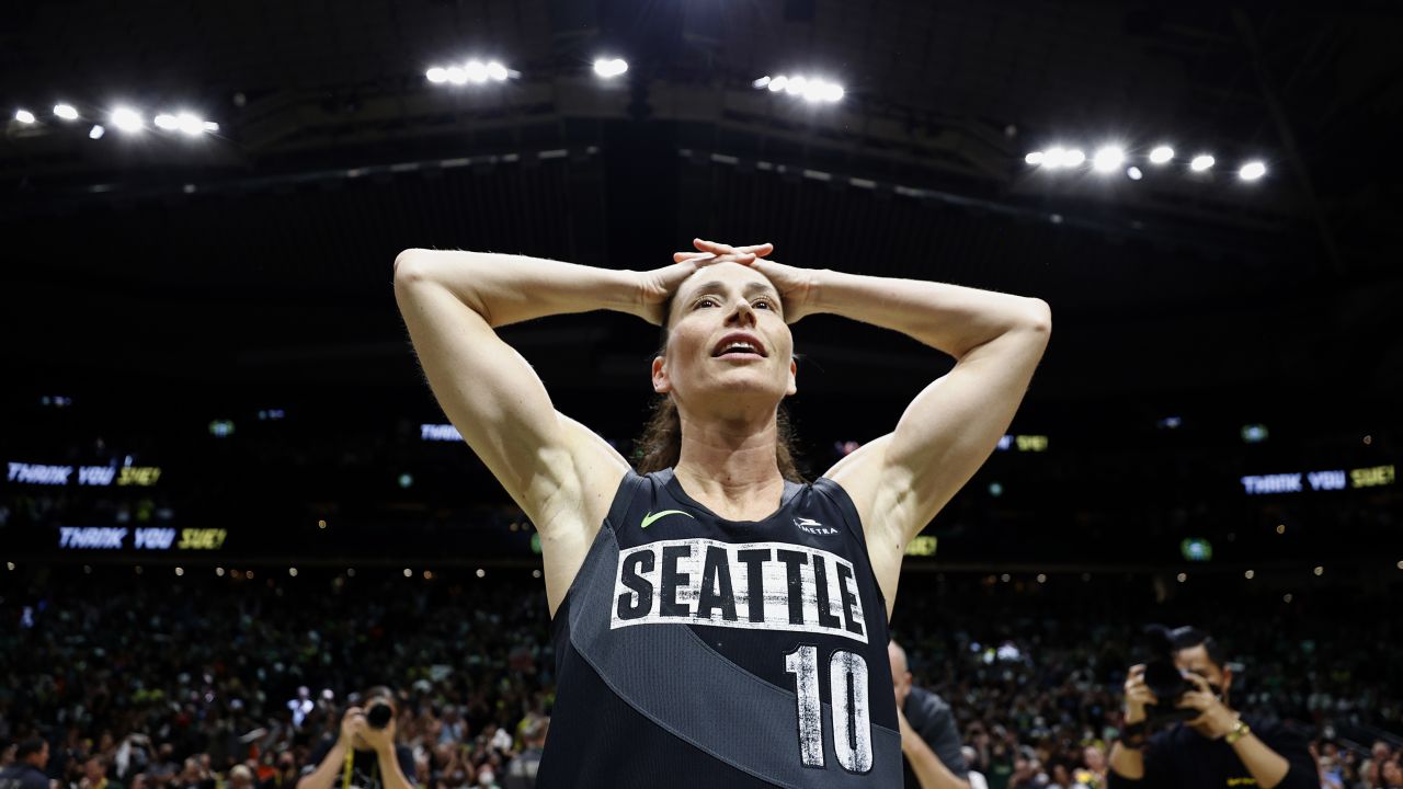 Sue Bird reacts after the Seattle Storm lost to the Las Vegas Aces 97-92 in Game 4 of the 2022 WNBA Playoffs semifinals at Climate Pledge Arena in Seattle.