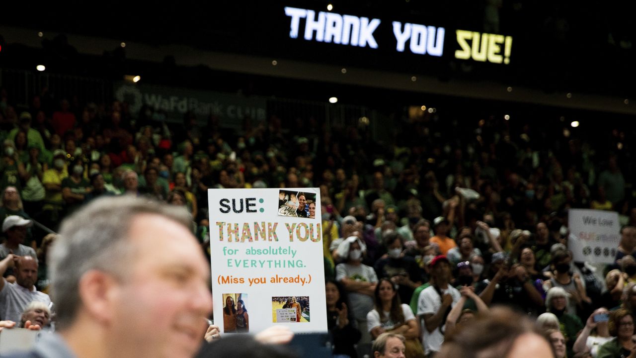 A fan holds a sign thanking Sue Bird after the Storm lost to the Las Vegas Aces in Seattle