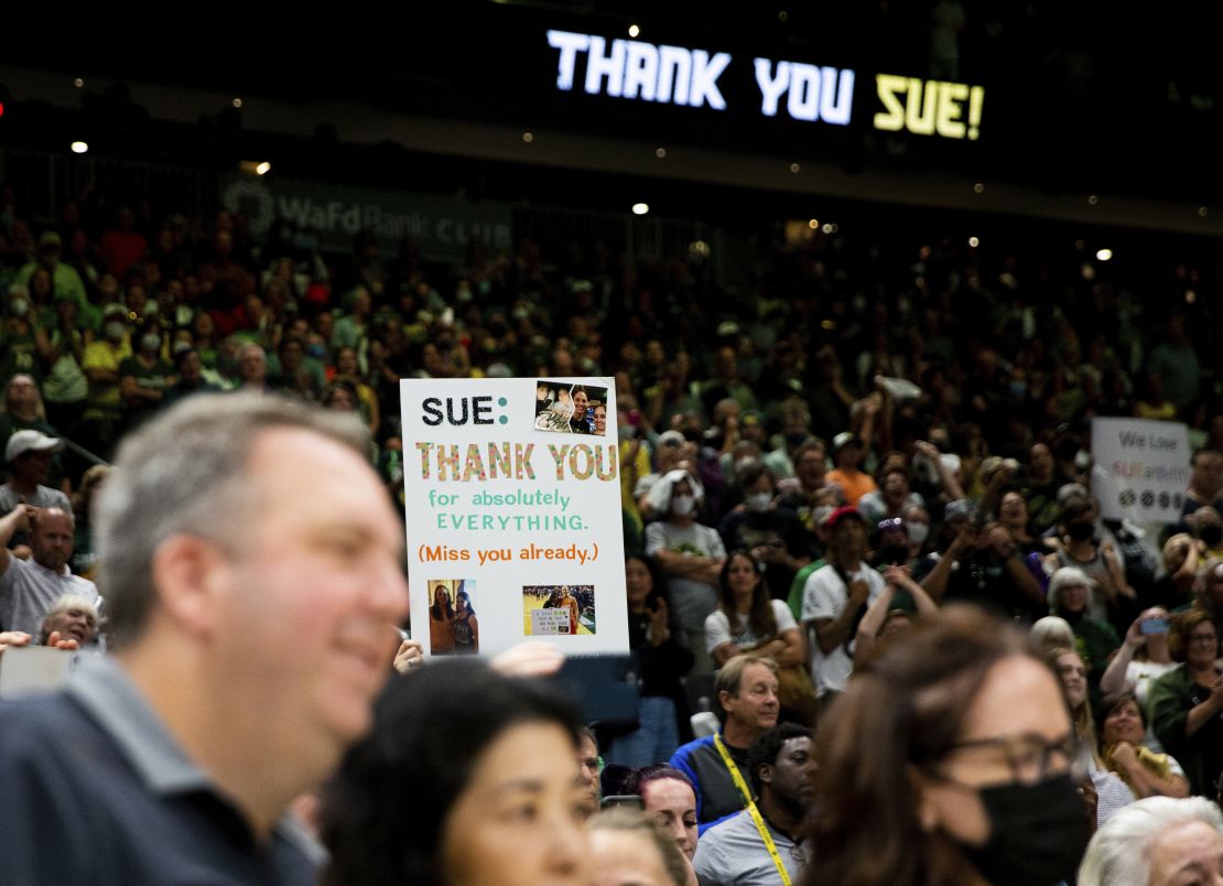 A fan holds a sign thanking Sue Bird after the Storm lost to the Las Vegas Aces in Seattle