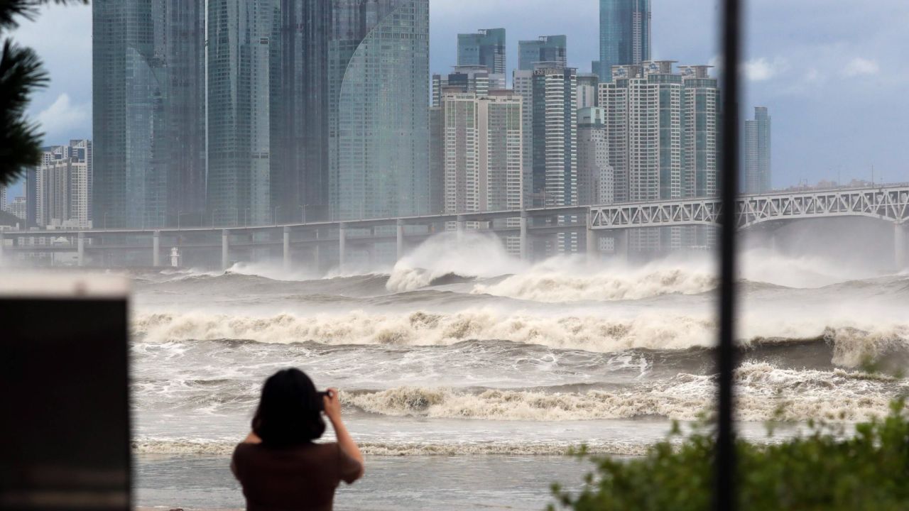 Raging waves emerged in South Korea's port city of Busan as Typhoon Hinnamnor passed by on September 6, 2022.