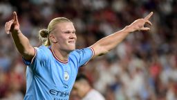 Manchester City's Norwegian striker Erling Haaland celebrates after scoring his team's third goal during the UEFA Champions League Group G first-leg football match between Sevilla FC and Manchester City, at the Ramon Sanchez Pizjuan stadium in Seville on September 6, 2022. (Photo by CRISTINA QUICLER / AFP) (Photo by CRISTINA QUICLER/AFP via Getty Images)