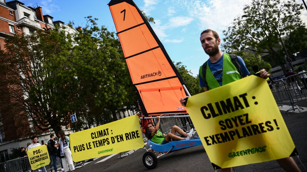 Greenpeace activists protest outside of the Parc des Princes.