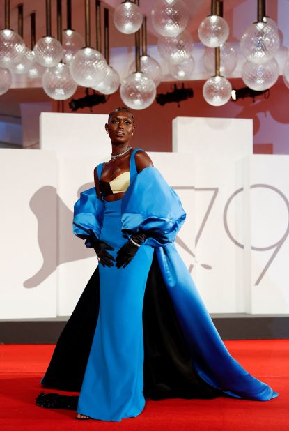 For  the screening of "The Whale," Jodie Turner Smith donned a silk blue gown complete with a sequin black and white bandeau.<br />