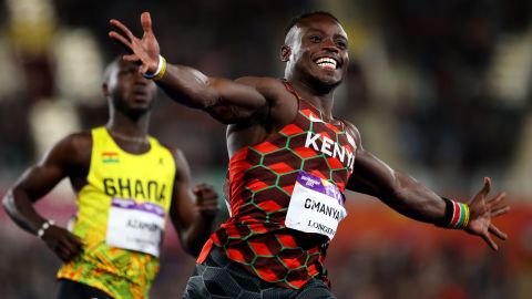 BIRMINGHAM, ENGLAND - AUGUST 03: Ferdinand Omanyala of Team Kenya celebrates after winning the Gold medal in the Men's 100m Final on day six of the Birmingham 2022 Commonwealth Games at Alexander Stadium on August 03, 2022 in Birmingham, England. (Photo by Michael Steele/Getty Images)