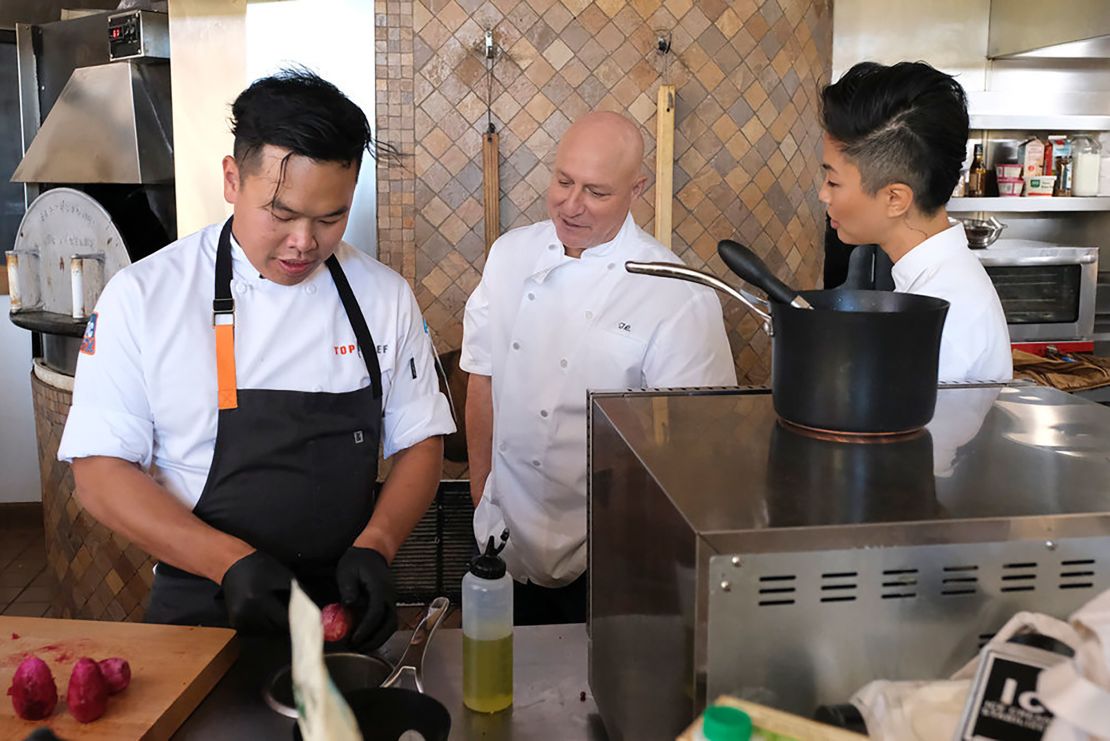 TOP CHEF -- "Cactus Makes Perfect" Episode 1913 -- Pictured: (l-r) Buddha Lo, Tom Colicchio, Kristen Kish -- (Photo by: David Moir/Bravo)