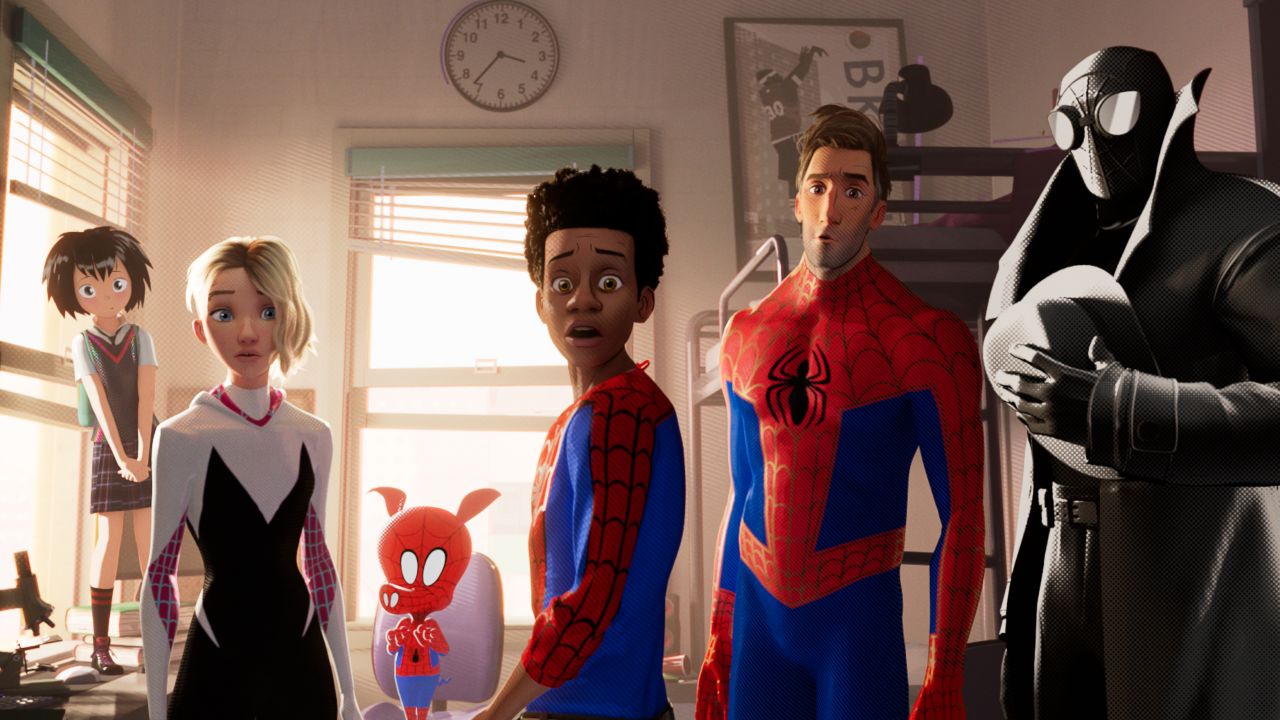 In 2018's "Spider-Man: Into the Spider-Verse," different versions of the superhero, including (from left) Peni Parker, Spider-Woman, Spider-Ham, Miles Morales, Peter B. Parker and Spider-Man Noir, team up. 