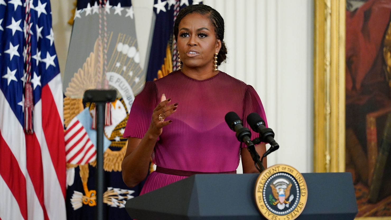 Former first lady Michelle Obama speaks during a ceremony in the East Room of the White House, Wednesday, Sept. 7, 2022, in Washington. Former President Barack Obama and the former first lady unveiled their official White House portraits during the ceremony. 