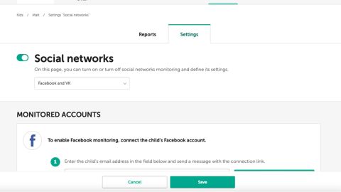 To enable Facebook monitoring in Kaspersky Safe Kids, connect to the child's account by entering the child's email address and sending a message with the connection link.