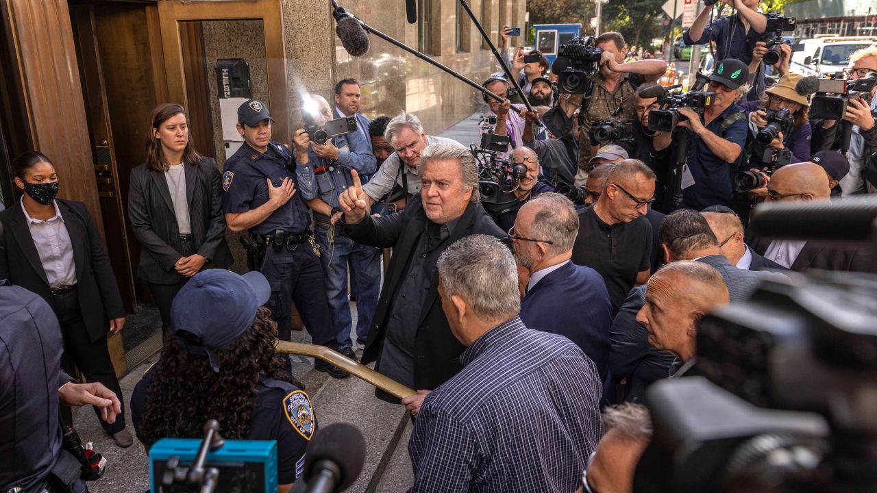 Bannon arrives at the Manhattan district attorney's office in September 2022. He surrendered<a href="https://www.cnn.com/2022/09/08/politics/steve-bannon-not-guilty-plea-surrender-border-wall-charges/index.html" target="_blank"> </a>to authorities in New York, where he faces money laundering and conspiracy charges related to an effort to raise money to fund construction of a wall along the southern US border. He has pleaded not guilty.