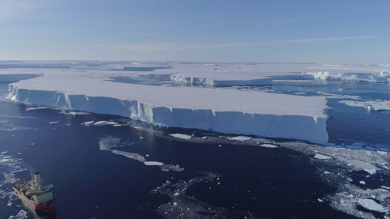The US Antarctic Program research vessel Nathaniel B. Palmer works along the ice edge of the Thwaites Eastern Ice Shelf in February 2019. 