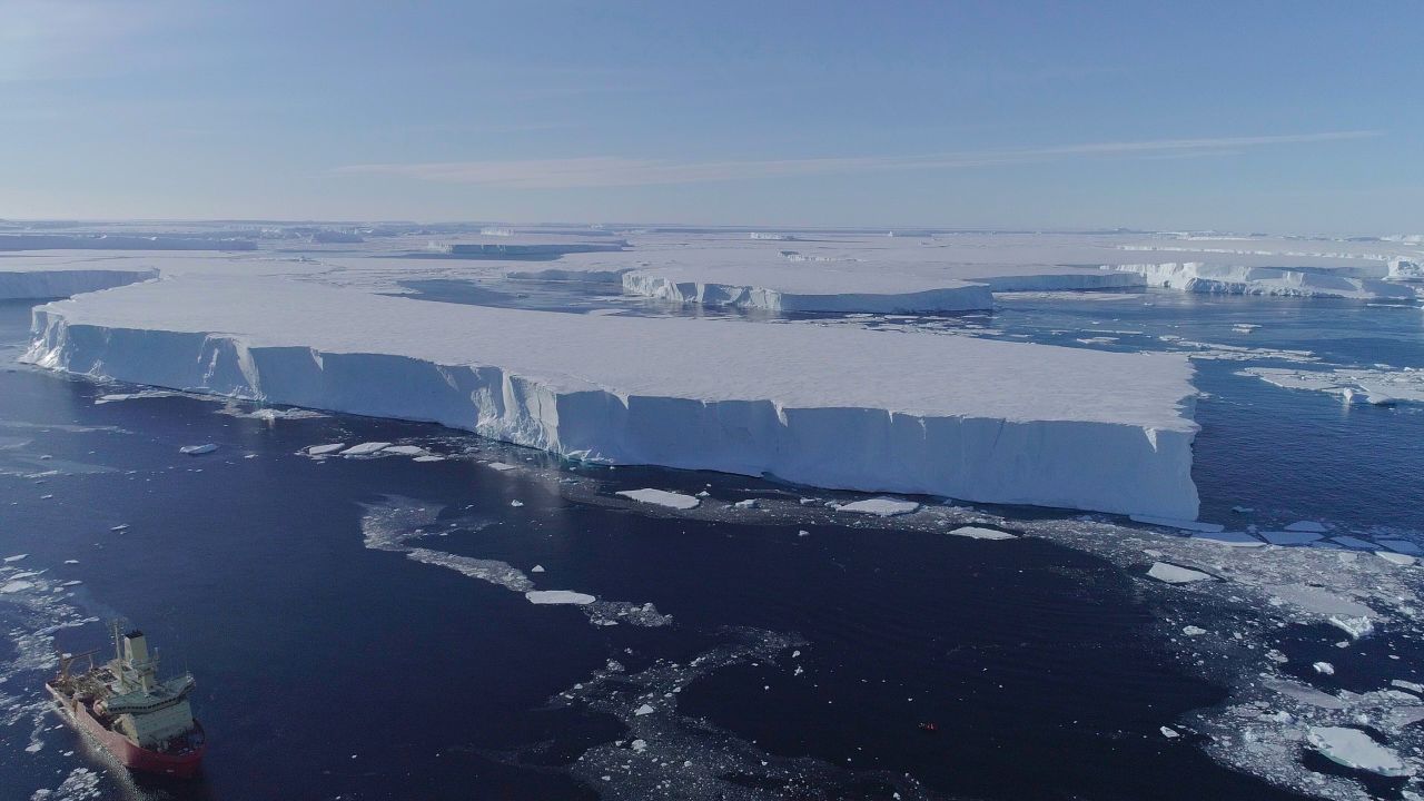 The US Antarctic Program research vessel Nathaniel B. Palmer works along the ice edge of the Thwaites Eastern Ice Shelf in February 2019.