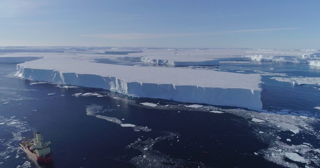 The US Antarctic Program research vessel Nathaniel B. Palmer works along the ice edge of the Thwaites Eastern Ice Shelf in February 2019. 
