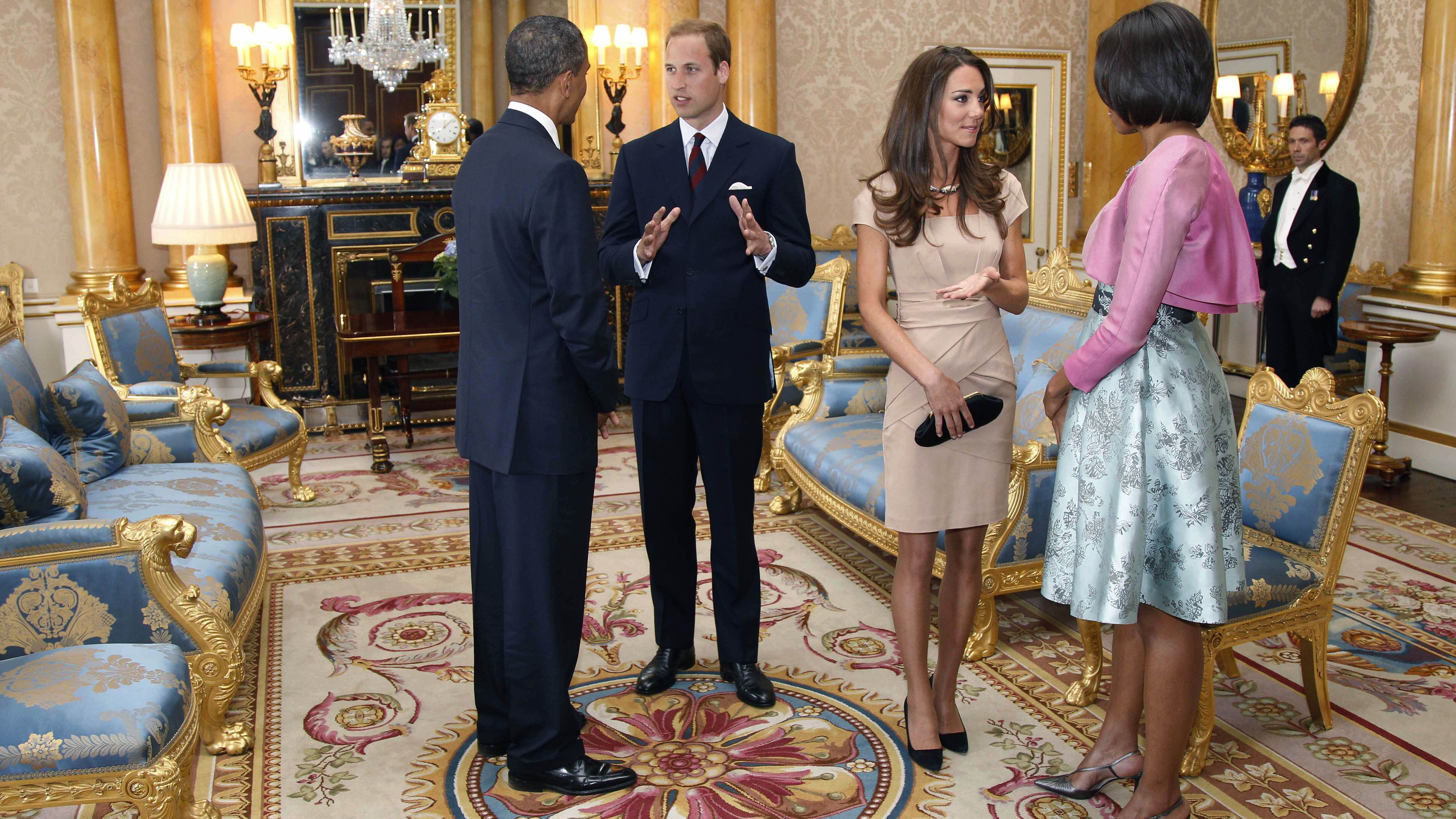 William and Catherine meet with US President Barack Obama and first lady Michelle Obama while the Obamas visited Buckingham Palace in May 2011.