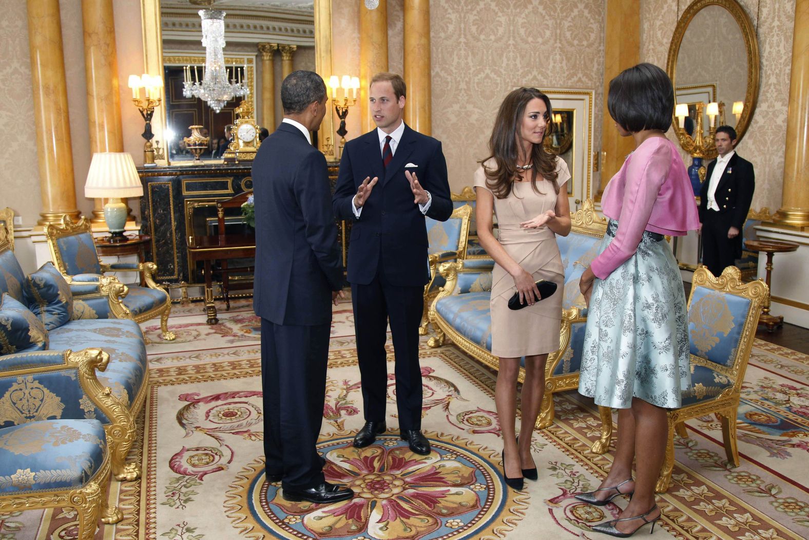 William and Catherine meet with US President Barack Obama and first lady Michelle Obama while the Obamas visited Buckingham Palace in May 2011.