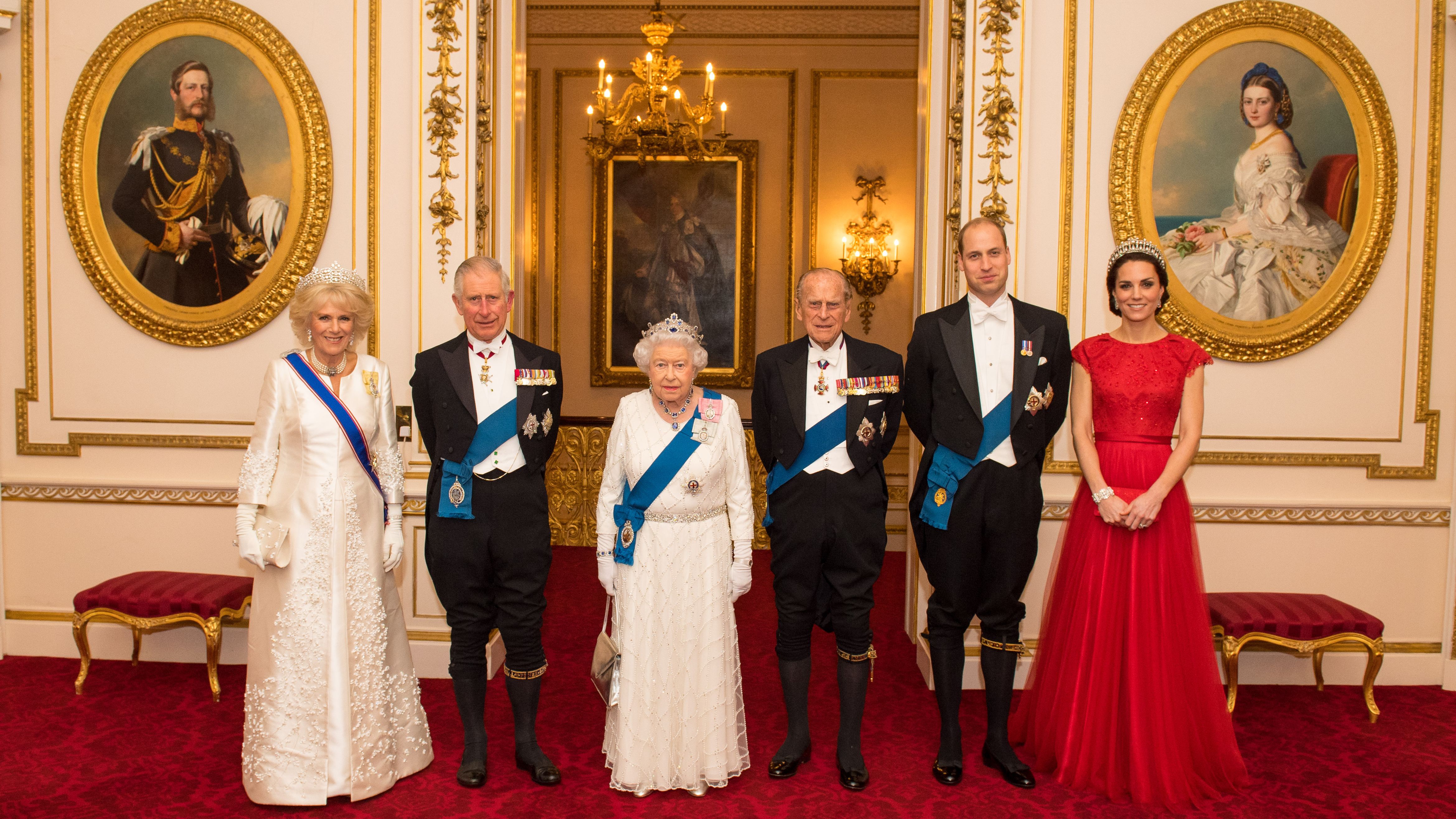 William and Catherine join from left, Camilla, Duchess of Cornwall; Prince Charles; Queen Elizabeth II; and Prince Philip at a Buckingham Palace reception in December 2016.