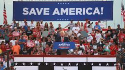 MENDON, IL - JUNE 25: Former US President Donald Trump gives remarks during a Save America Rally at the Adams County Fairgrounds on June 25, 2022 in Mendon, Illinois. Trump will be stumping for Rep. Mary Miller in an Illinois congressional primary and it will be Trump's first rally since the United States Supreme Court struck down Roe v. Wade on Friday. (Photo by Michael B. Thomas/Getty Images)