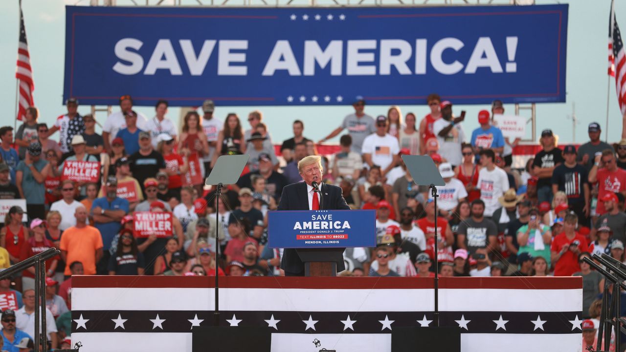 Former US President Donald Trump gives remarks during a Save America Rally at the Adams County Fairgrounds on June 25, 2022 in Mendon, Illinois.