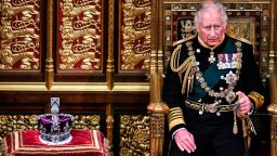 Britain's Prince Charles sits by the The Imperial State Crown in the House of Lords Chamber, during the State Opening of Parliament, in the Houses of Parliament, in London, Tuesday, May 10, 2022. BritainÕs Conservative government made sweeping promises to cut crime, improve health care and revive the pandemic-scarred economy as it laid the laws it plans in the next year in a tradition-steeped ceremony known as the QueenÕs Speech -- but without a key player, Queen Elizabeth II, absent for the first time in six decades. The 96-year-old monarch pulled out of the ceremonial State Opening of Parliament because of what Buckingham Palace calls Òepisodic mobility issues.Ó Her son and heir, Prince Charles, stood in, rattling through a short speech laying out 38 bills the government plans to pass. (Ben Stansall/Pool Photo via AP)