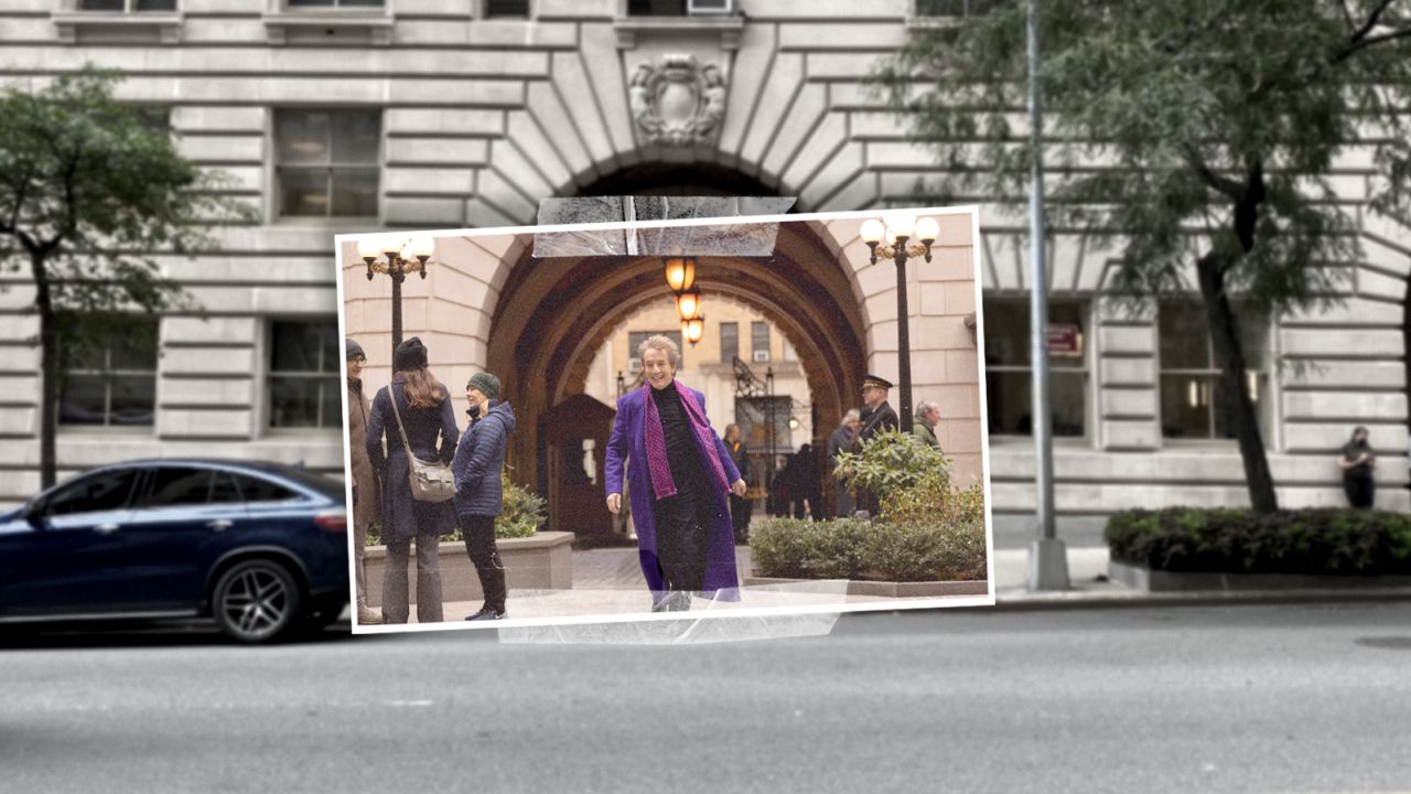 This photo illustration shows a scene from "Only Murders in the Building" juxtaposed with the real-life building where exterior scenes from the show are filmed.