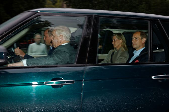 Prince William drives Prince Andrew, Prince Edward and Sophie, Countess of Wessex, to Balmoral Castle on September 8. The Queen's death was announced a short time later.