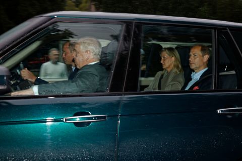 Prince William drives Prince Andrew, Prince Edward and Sophie, Countess of Wessex, to Balmoral Castle on Thursday. The Queen's death was announced a short time later.