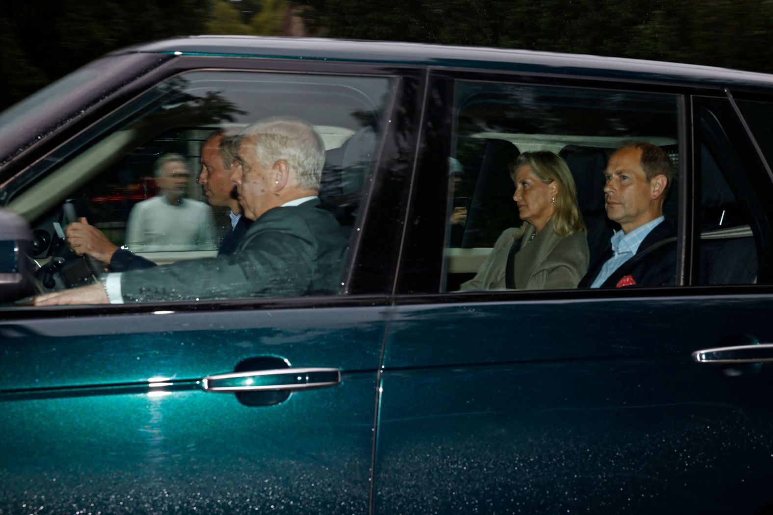 Prince William drives Prince Andrew, Prince Edward and Sophie, Countess of Wessex, to Balmoral Castle on September 8. The Queen's death was announced a short time later.