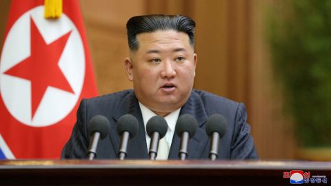 North Korea's leader Kim Jong Un addresses the Supreme People's Assembly, which passed a law officially enshrining its nuclear weapons policies, in Pyongyang on September 8.