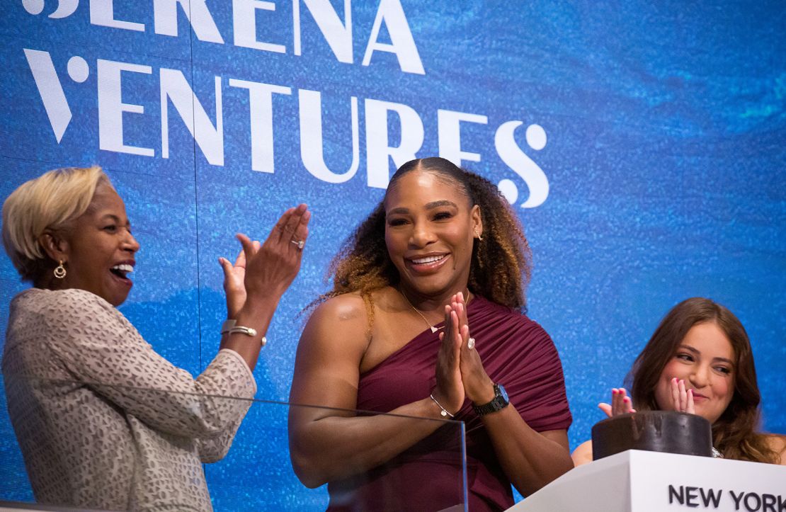 Serena Williams pictured ringing the opening bell on the floor of the NYSE in New York, US, on Friday, Aug. 26, 2022. 