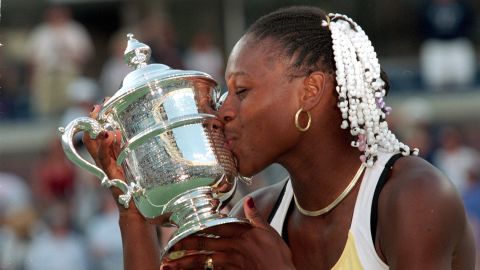 Williams kisses the trophy after beating Martina Hingis in the US Open final. 