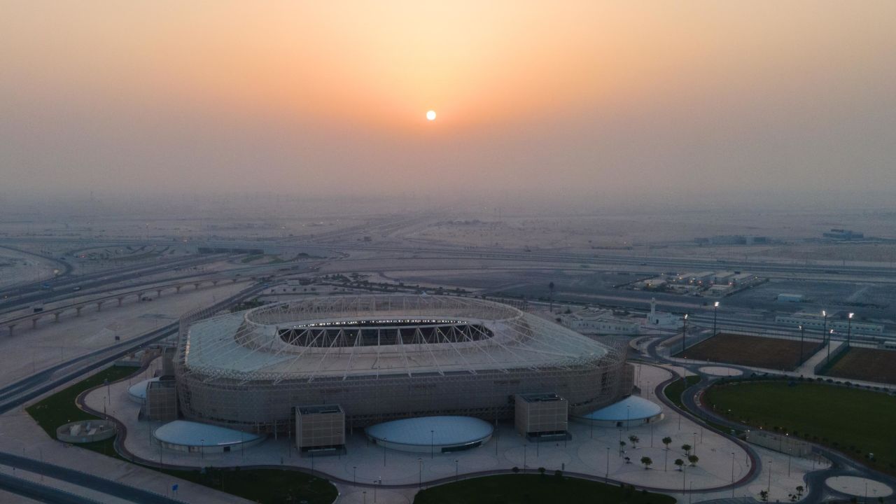 An aerial view of Ahmad Bin Ali stadium at sunset in Al Rayyan, Qatar.