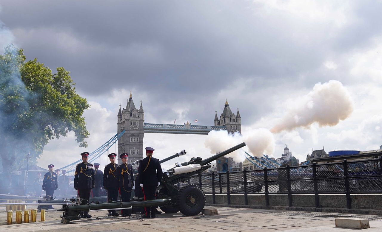 Members of the Honourable Artillery Company fire a gun salute outside the Tower of London on September 9.