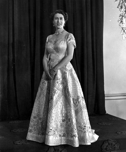 4th June 1953: Queen Elizabeth II wearing a gown designed by Norman Hartnell for her Coronation ceremony. 
