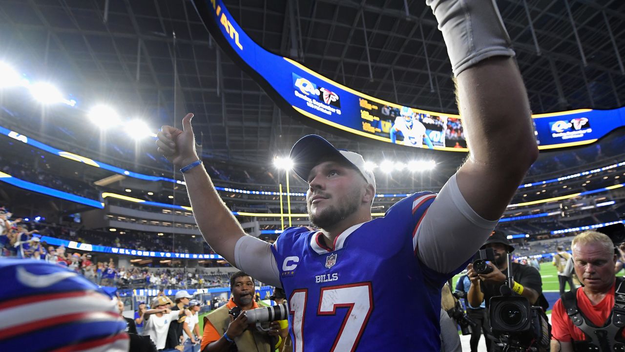 Josh Allen reacts after defeating the Los Angeles Rams at SoFi Stadium on September 8.