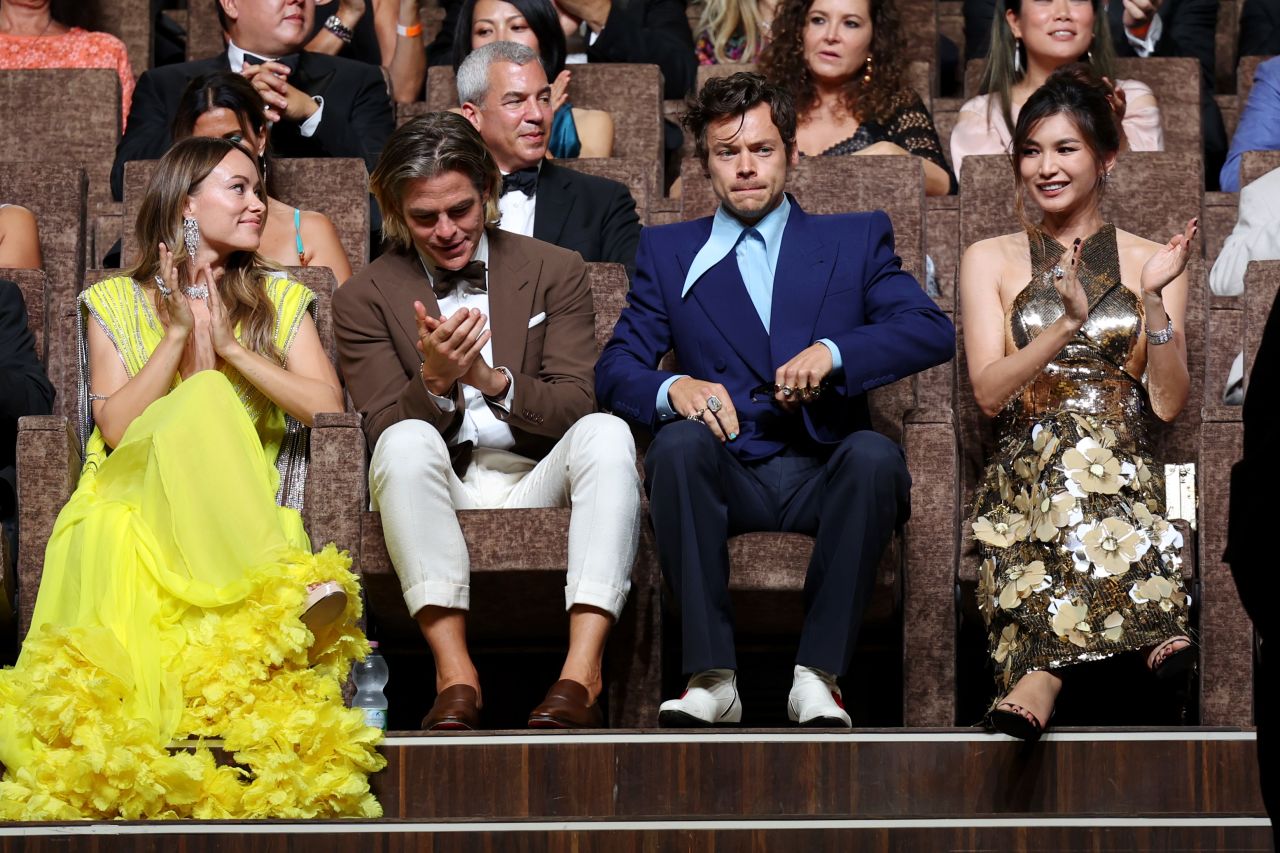 From left, Olivia Wilde, Chris Pine, Harry Styles and Gemma Chan attend the premiere of their film "Don't Worry Darling" at the Venice International Film Festival on Monday, September 5. Footage from the festival sparked conversation on the internet over whether Styles appeared to spit on Pine at the event. <a href="https://www.cnn.com/2022/09/08/entertainment/harry-styles-spit-chris-pine/index.html" target="_blank">The whole incident</a> got so big that a denial of any spitting was issued. Even Styles himself joked about it at a recent concert.
