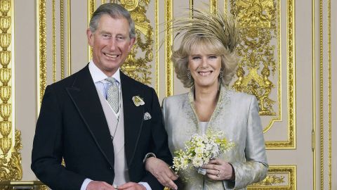 Charles and his new bride Camilla pose in the White Drawing Room at Windsor Castle after their wedding ceremony on April 9, 2005 in Windsor, England.